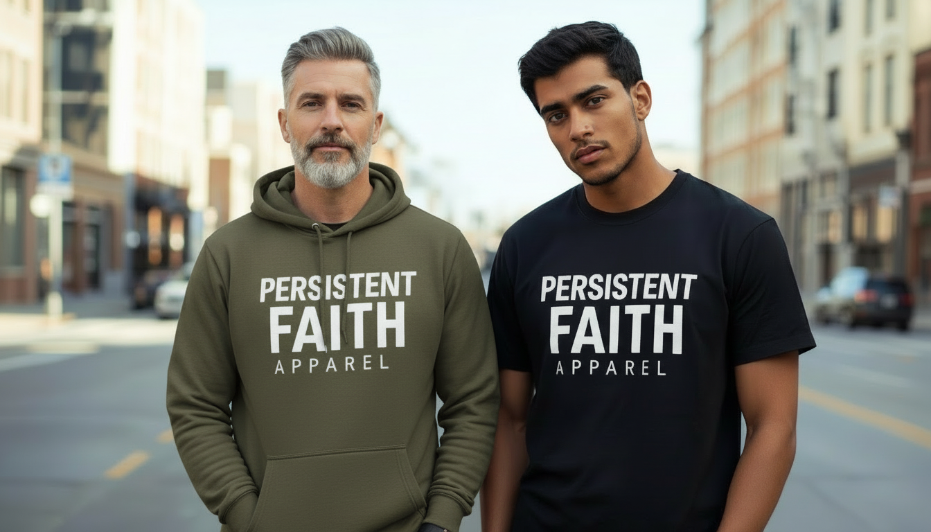 Man wearing a black t-shirt with 'Persistent Faith Apparel' text on a city street.