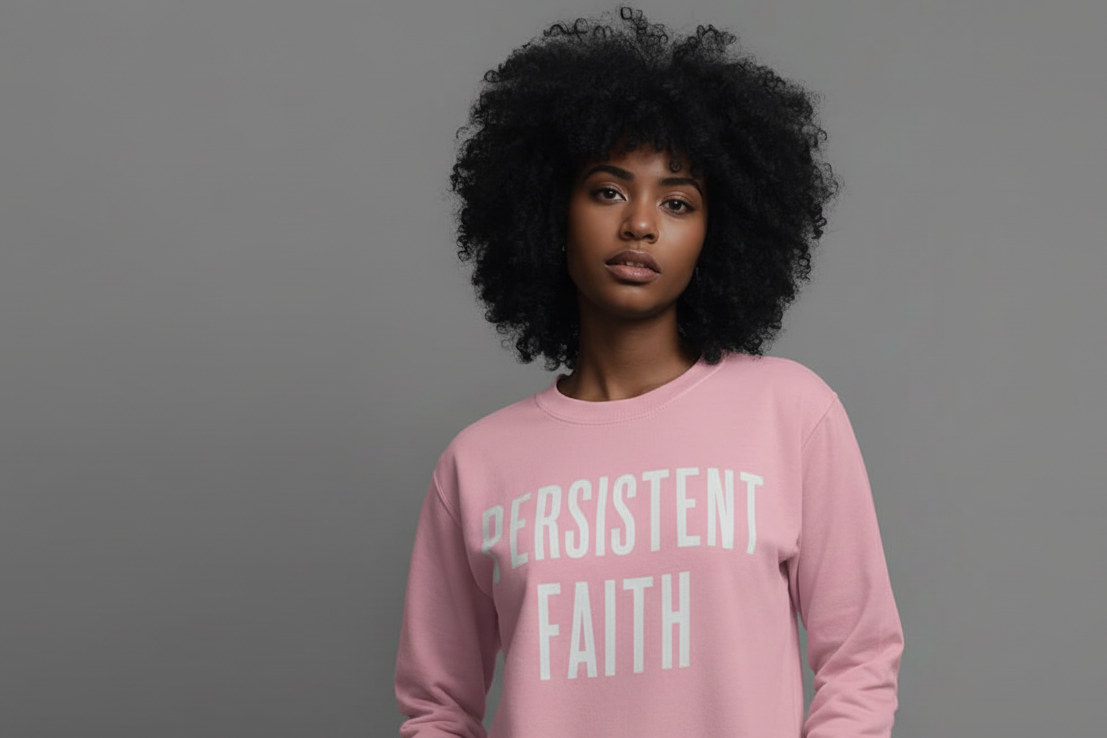 A female model wearing a cropped pink sweatshirt with 'PERSISTENT FAITH' text on a gray background