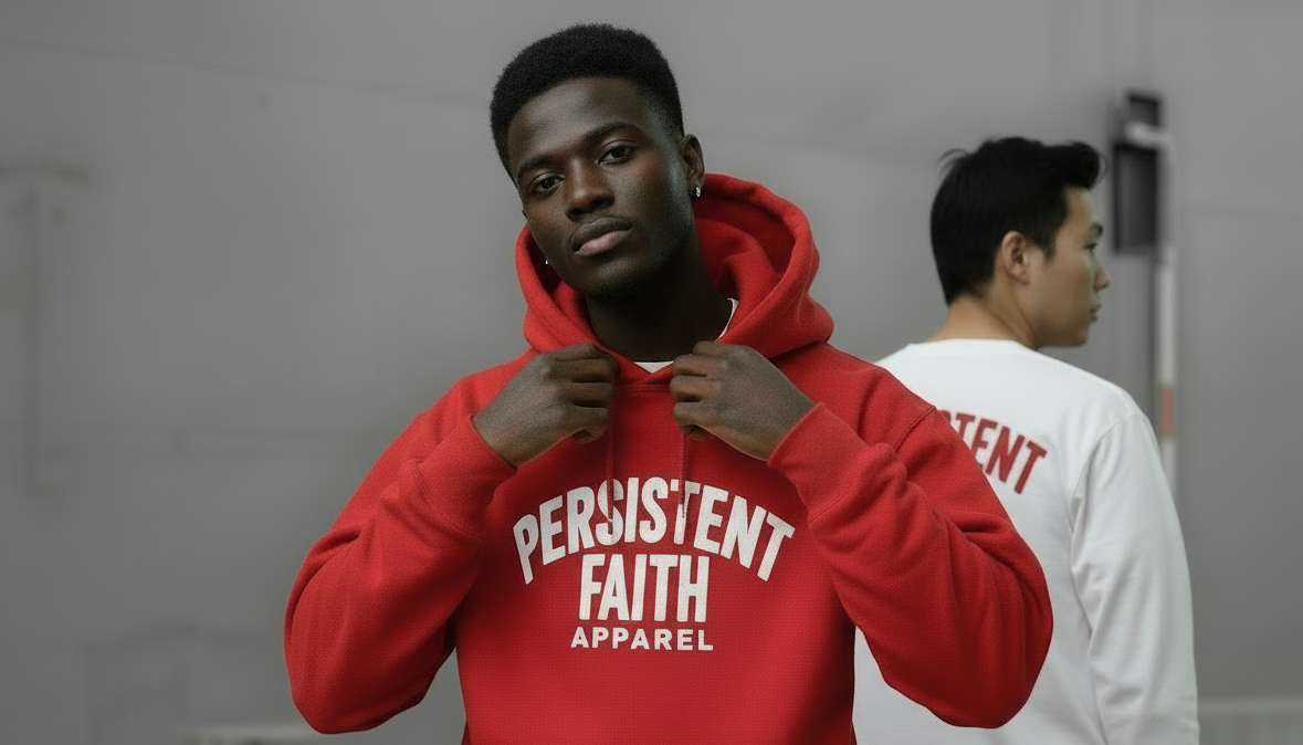 Two people wearing 'Persistent Faith Apparel' clothing on a gray background