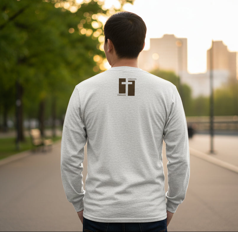 White long-sleeve shirt with a logo on the back against a white background