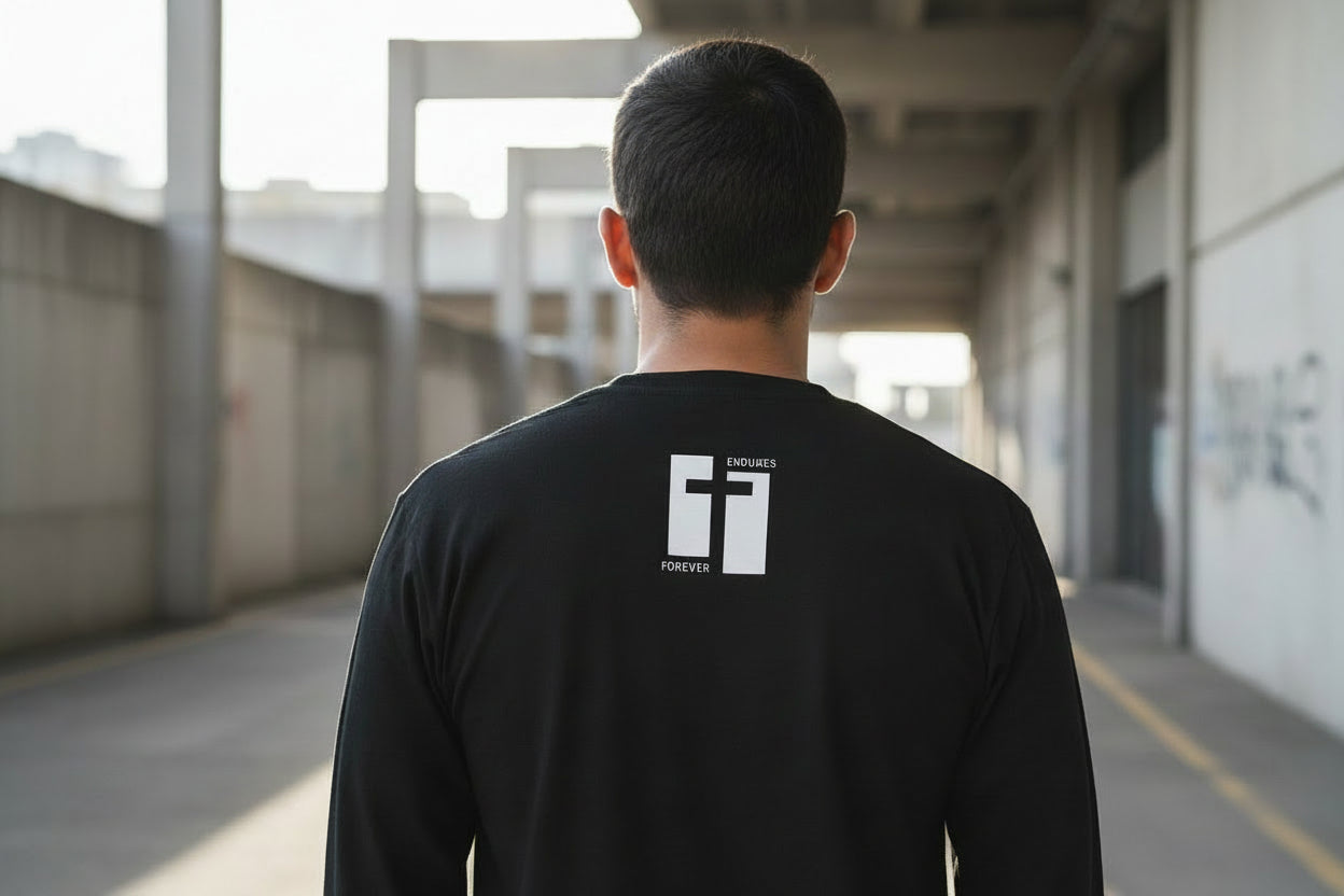 Black long-sleeve shirt with a white logo on the back against a white background
