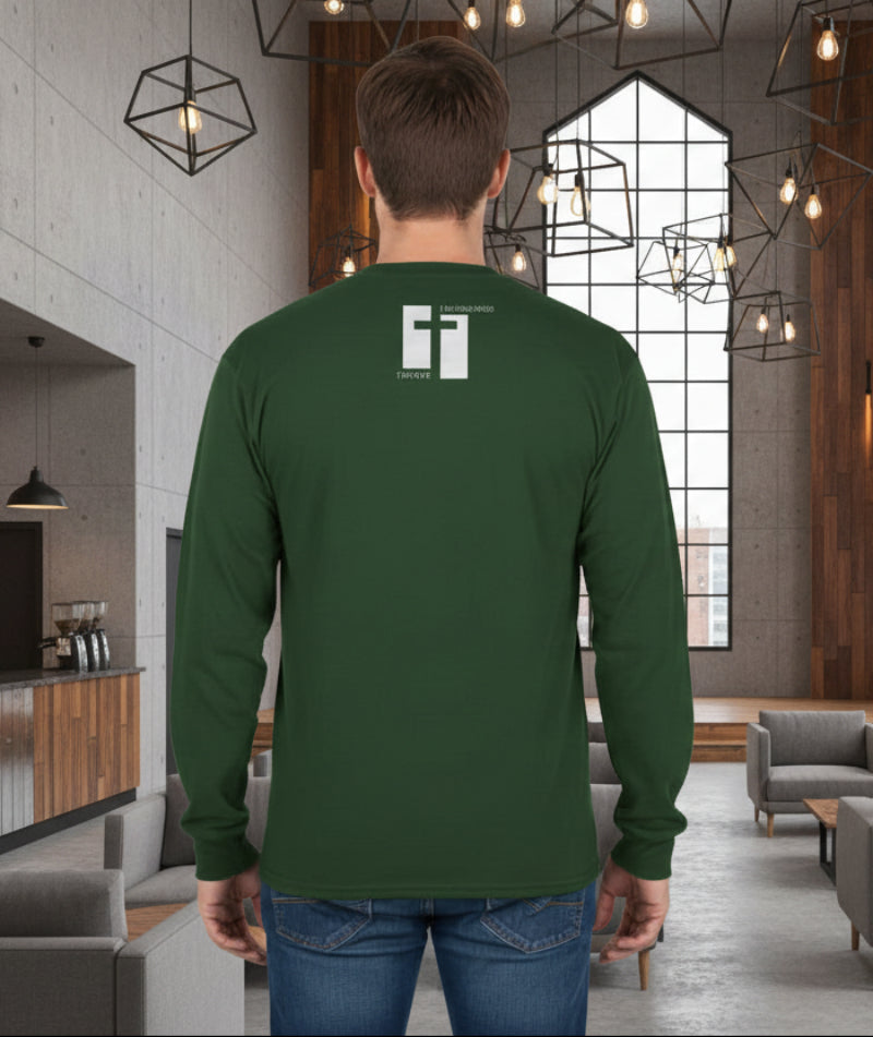 FOREST GREEN long-sleeve shirt with a white logo on the back against a white background