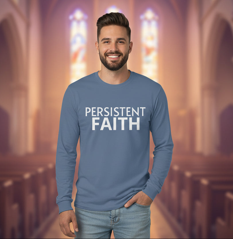 INDIGO Blue long-sleeve shirt with 'PERSISTENT FAITH' text on a white background