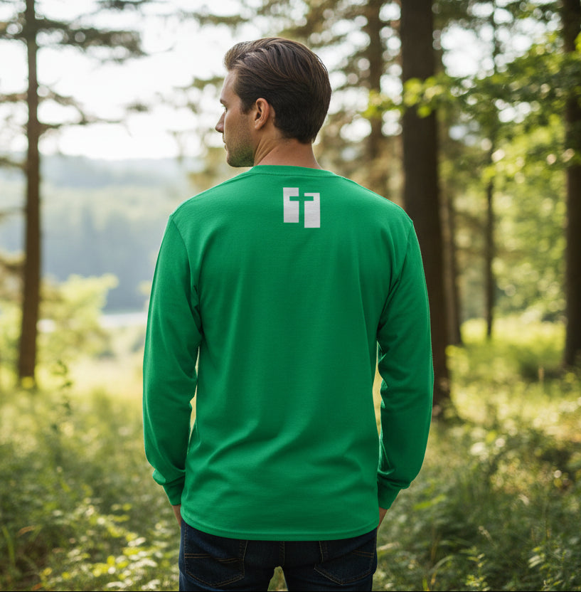 IRISH Green long-sleeve shirt with a logo on the back against a white background