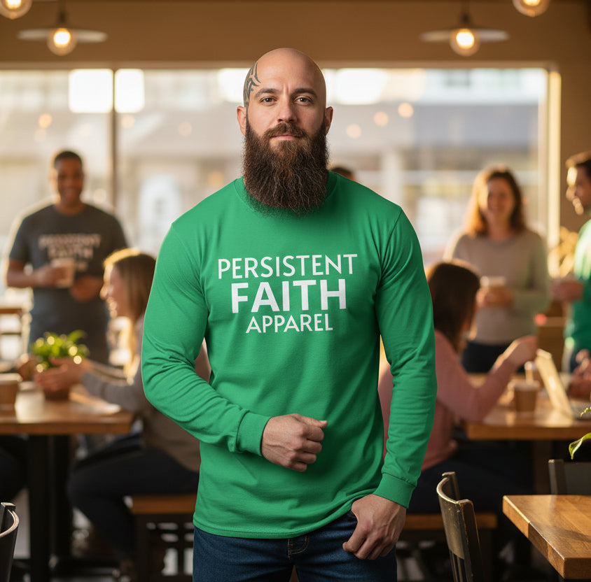 IRISH Green long-sleeve shirt with 'Persistent Faith Apparel' text on a white background