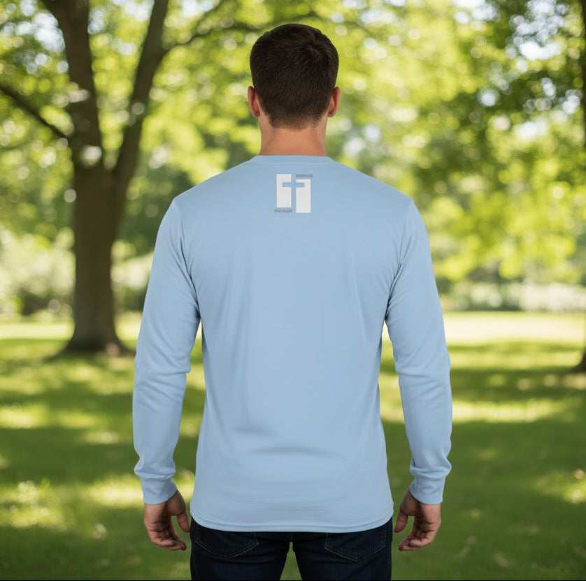 Light blue long-sleeve shirt with a logo on the back against a white background