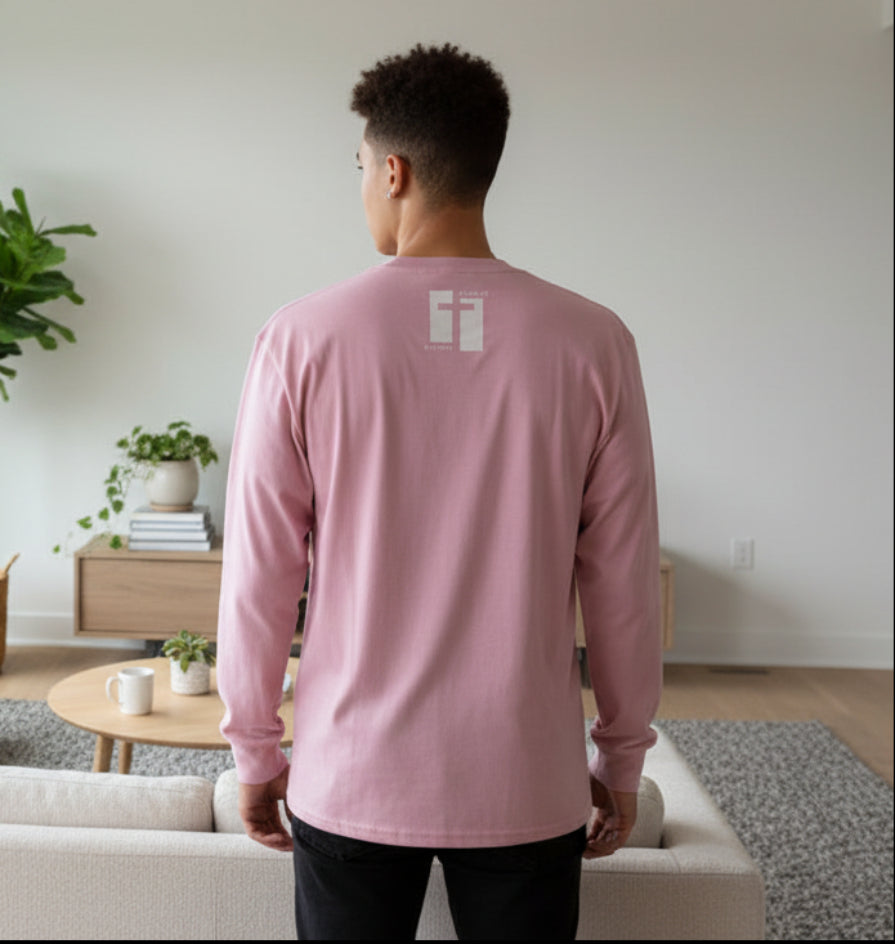 Pink long-sleeve shirt with a logo on the back against a white background