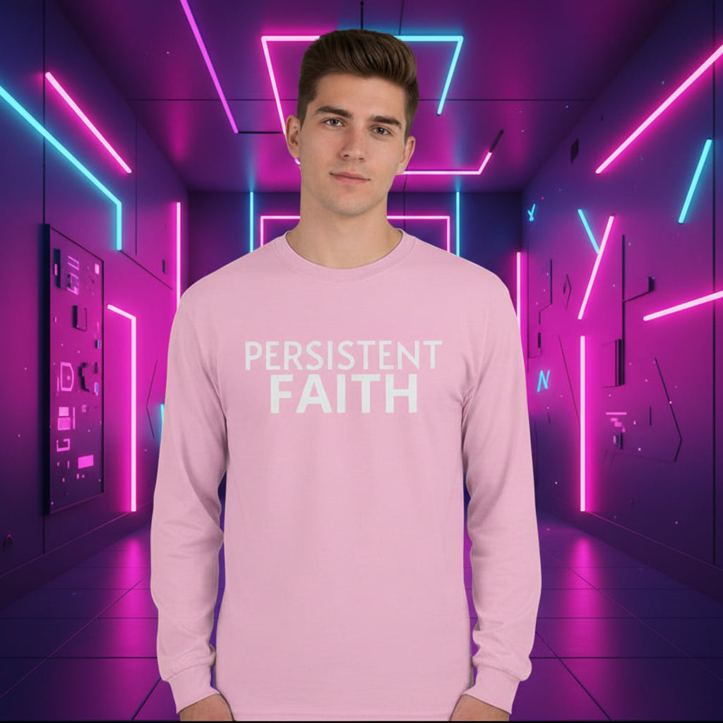Person wearing a pink sweatshirt with 'PERSISTENT FAITH' text on a gray background