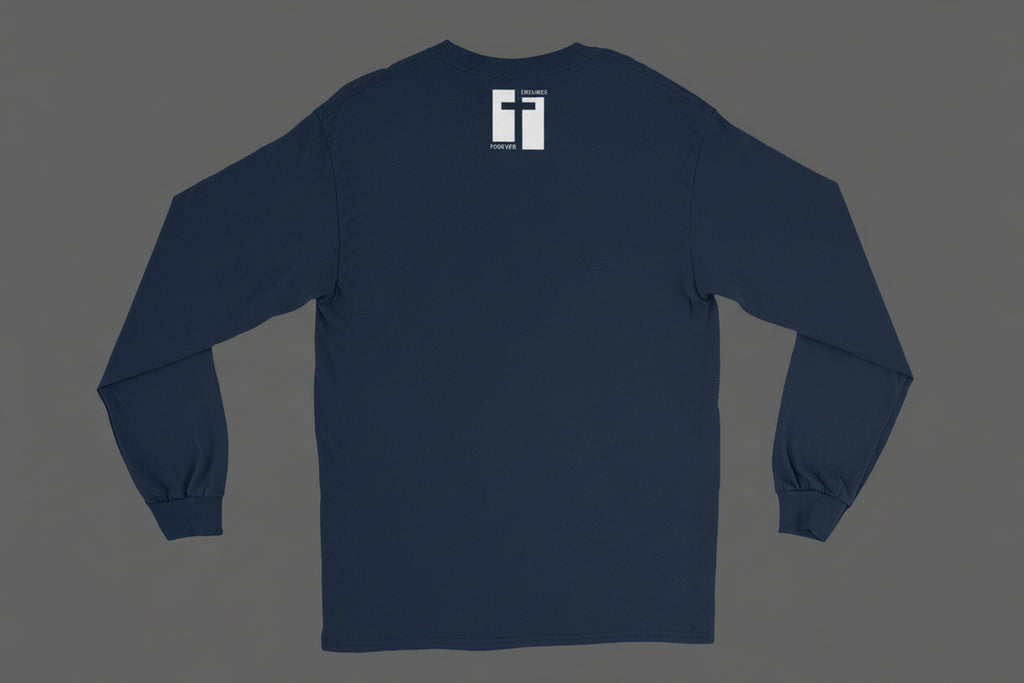 nAVY BLUE long-sleeve shirt with a white logo on the back against a white background