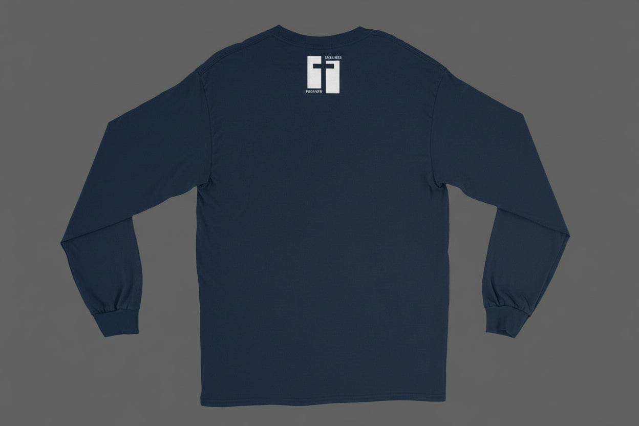 nAVY BLUE long-sleeve shirt with a white logo on the back against a white background