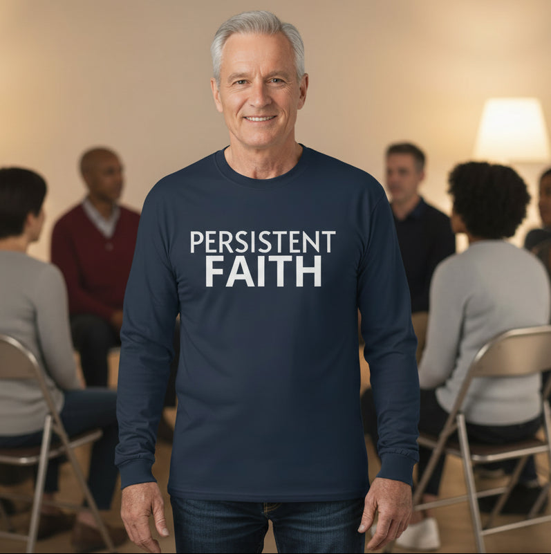 Navy long-sleeve shirt with 'PERSISTENT FAITH' text on a white background