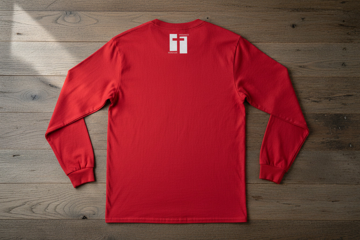 Red long-sleeve shirt with a logo on the back against a white background