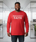 Red long-sleeve shirt with 'PERSISTENT FAITH' text on a GRAY background