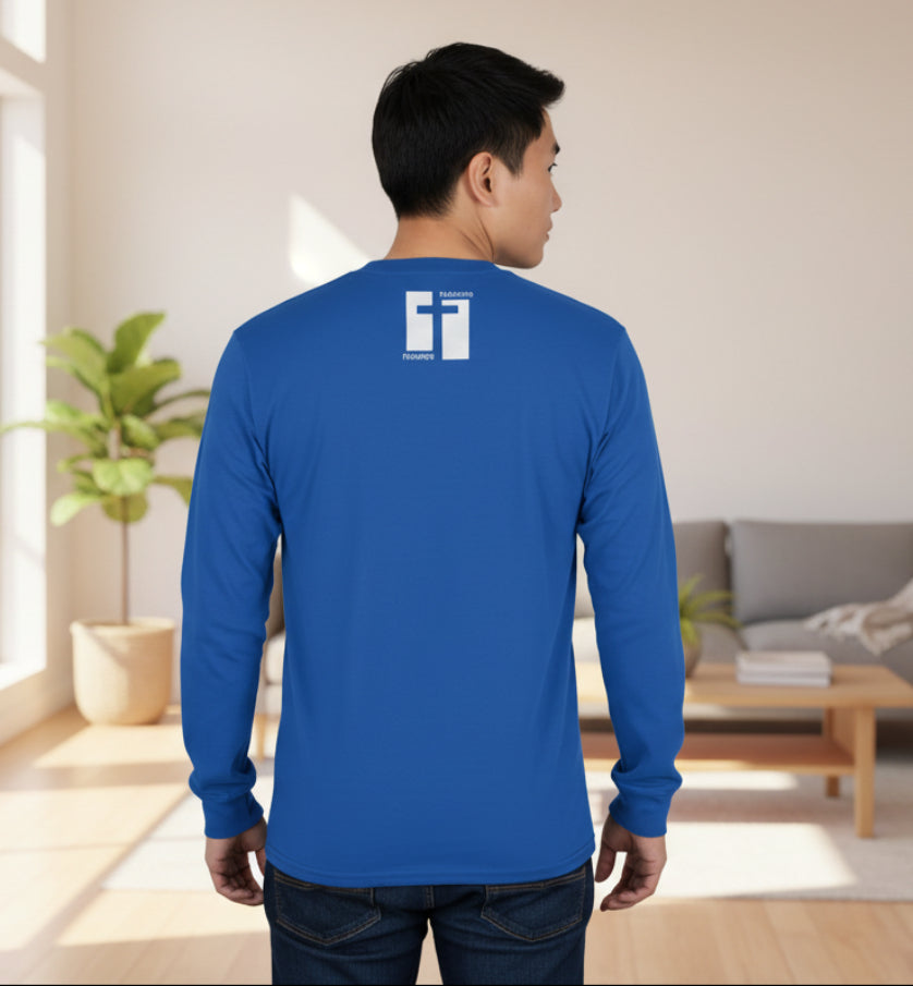 ROYAL Blue long-sleeve shirt with a logo on the back against a white background