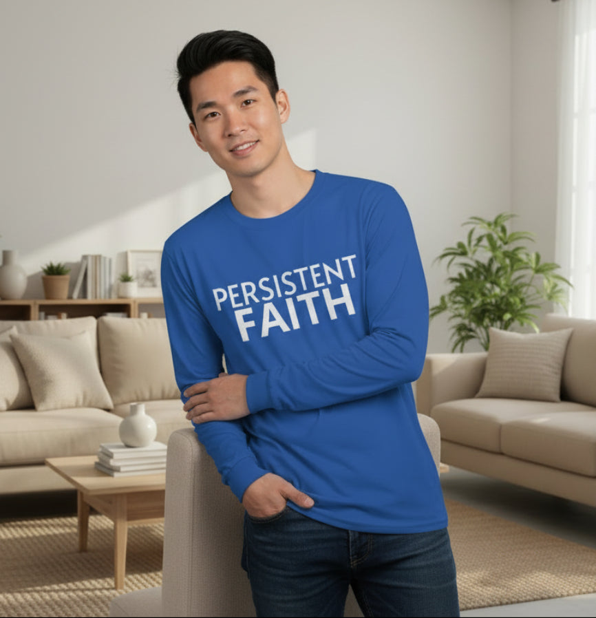 Person wearing a blue long-sleeve shirt with 'PERSISTENT FAITH' text on a gray background
