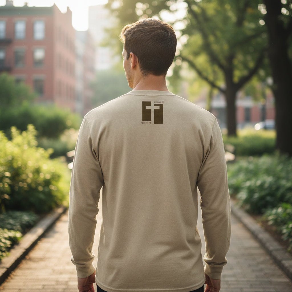Beige long-sleeve shirt with a logo on the back against a white background