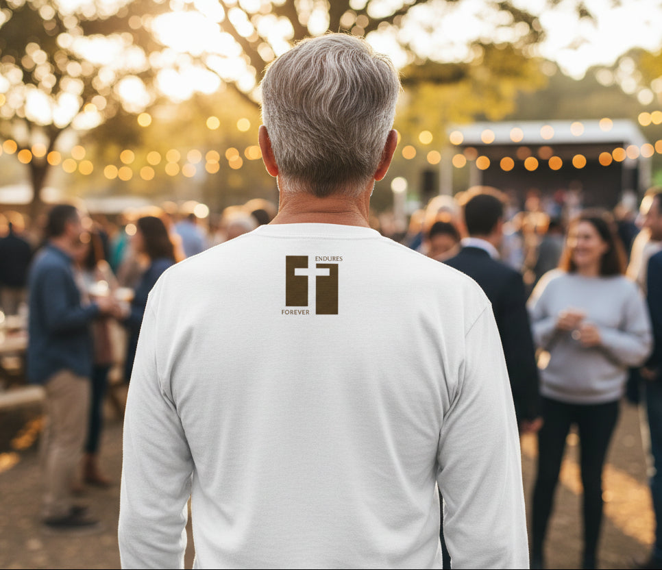 White long-sleeve shirt with a logo on the back against a white background