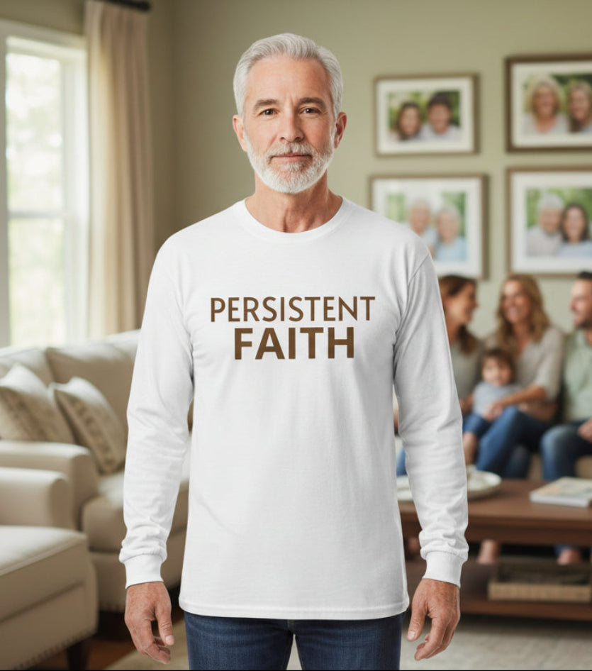 White long-sleeve shirt with 'PERSISTENT FAITH' text on a white background