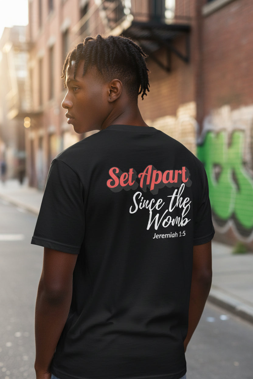 Black t-shirt with red and white text on the back against a white background