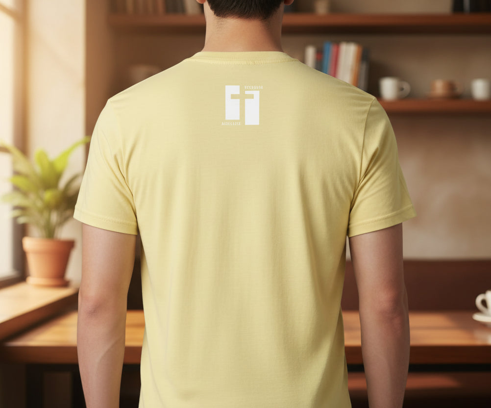Person wearing a light yellow t-shirt with a logo on the back against a LIFESTYLE background