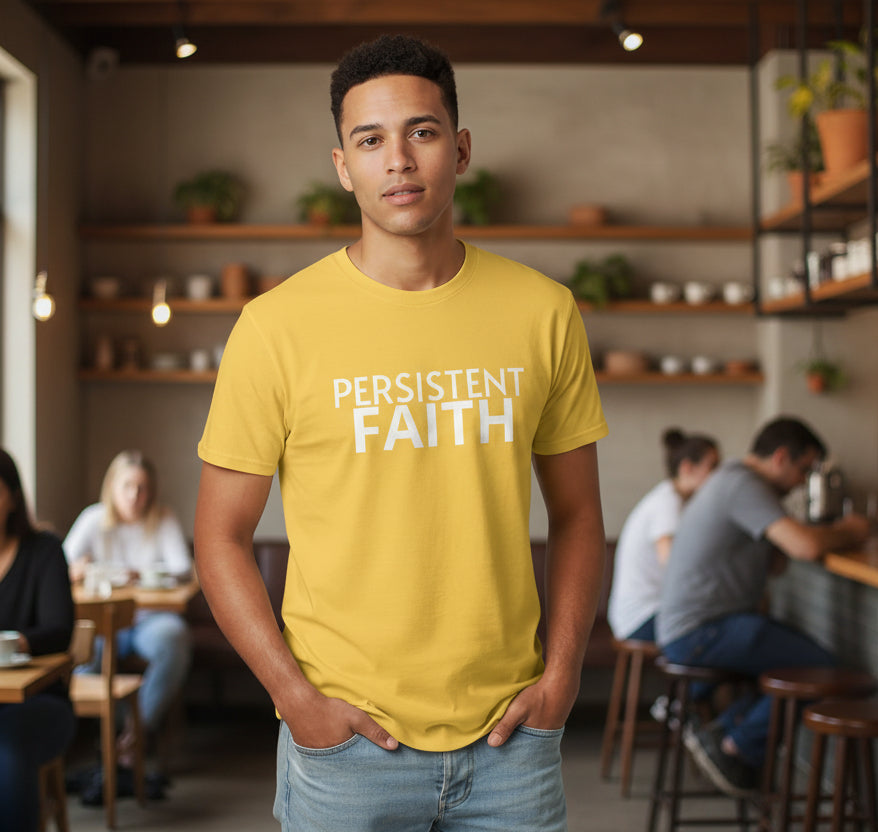 Man wearing a yellow t-shirt with 'PERSISTENT FAITH' text on a LIFESTYLE background