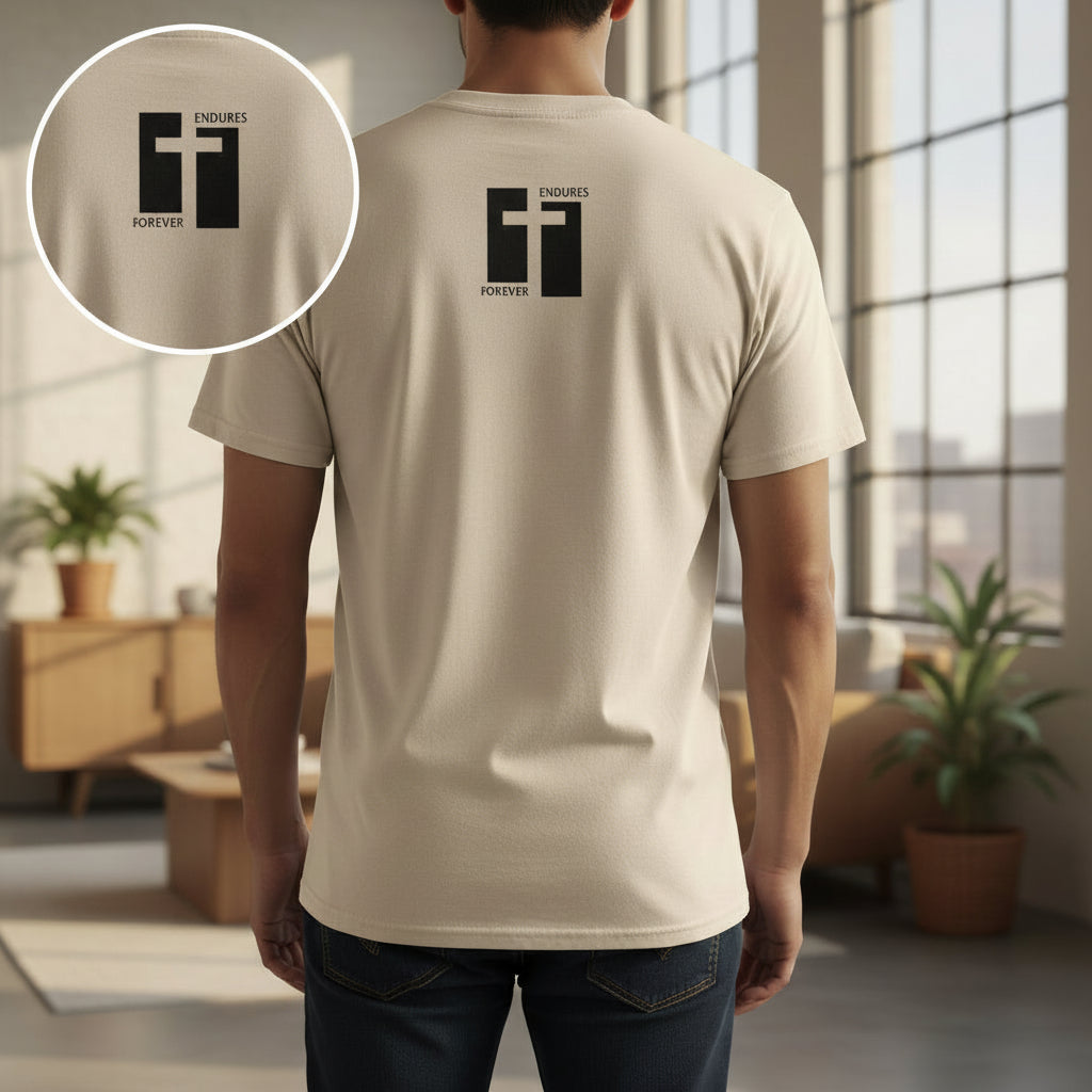 Beige t-shirt with a logo on the back against a white background