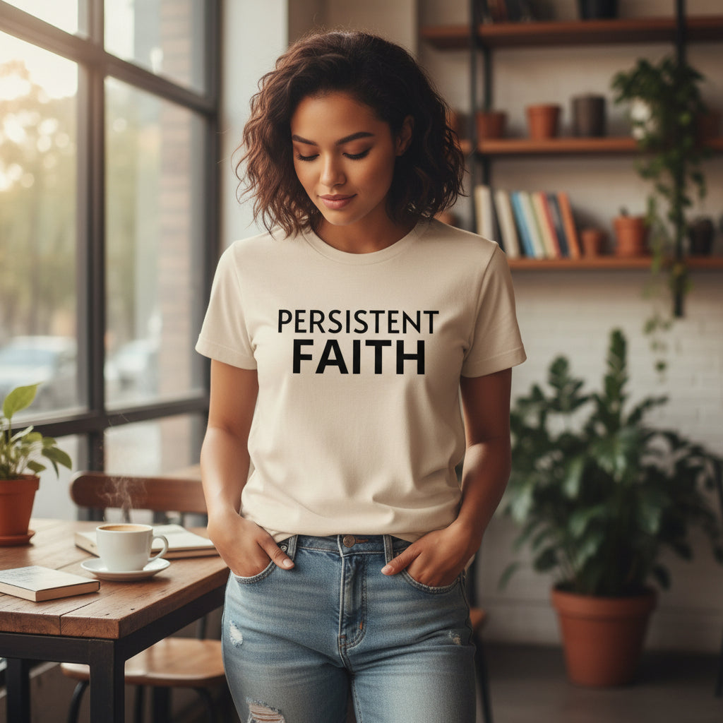 Beige t-shirt with 'PERSISTENT FAITH' text on a white background
