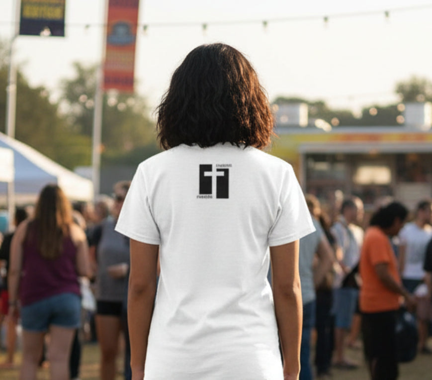 White t-shirt with a black logo on the chest against a white background