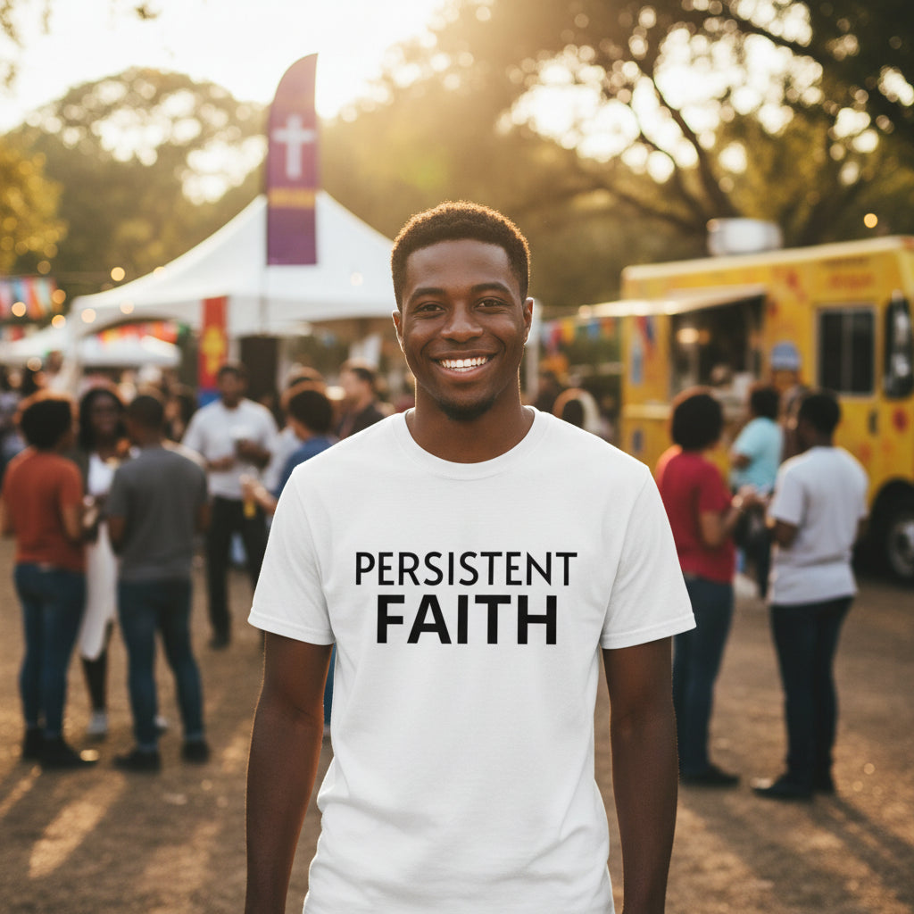 White t-shirt with 'PERSISTENT FAITH' text on a white background