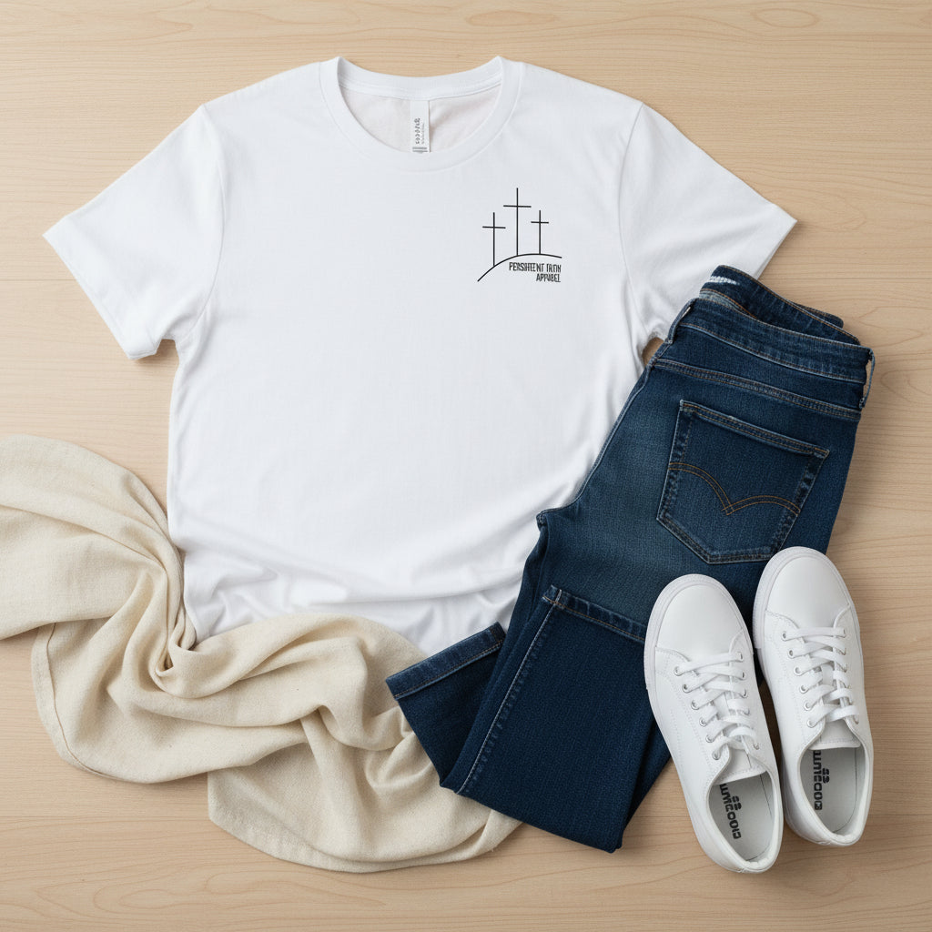 White t-shirt with a PERSISTENT FAITH logo on a white background