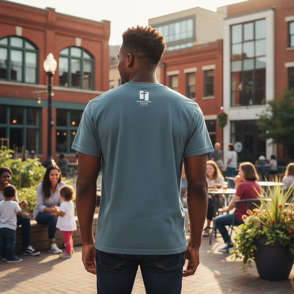 Gray t-shirt with a black and white text "Persistent Faith Apparel" on the back against a busy background