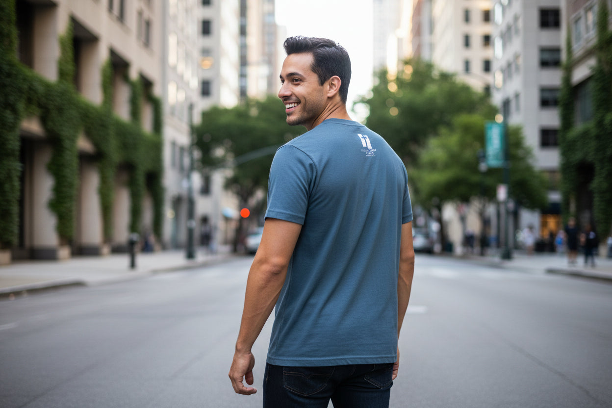 Teal t-shirt with a black and white Persistent Faith Apparel logo on the back 