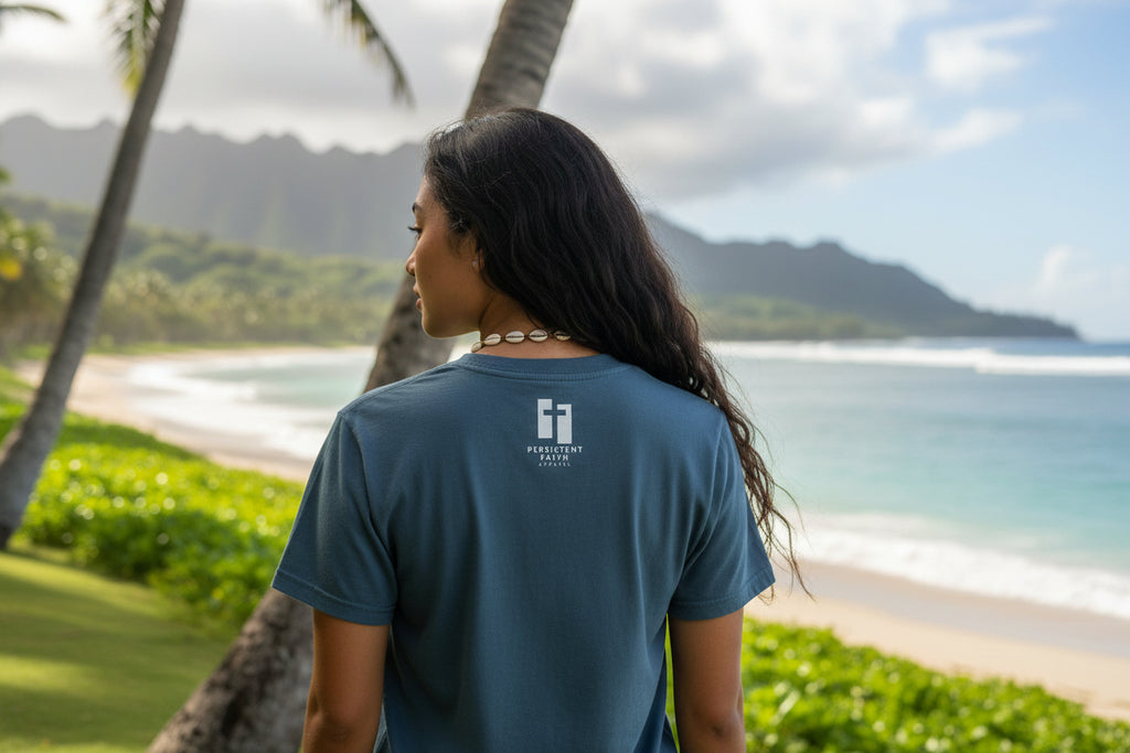 Deep Teal t-shirt with a black and white Persistent Faith Apparel logo on the back