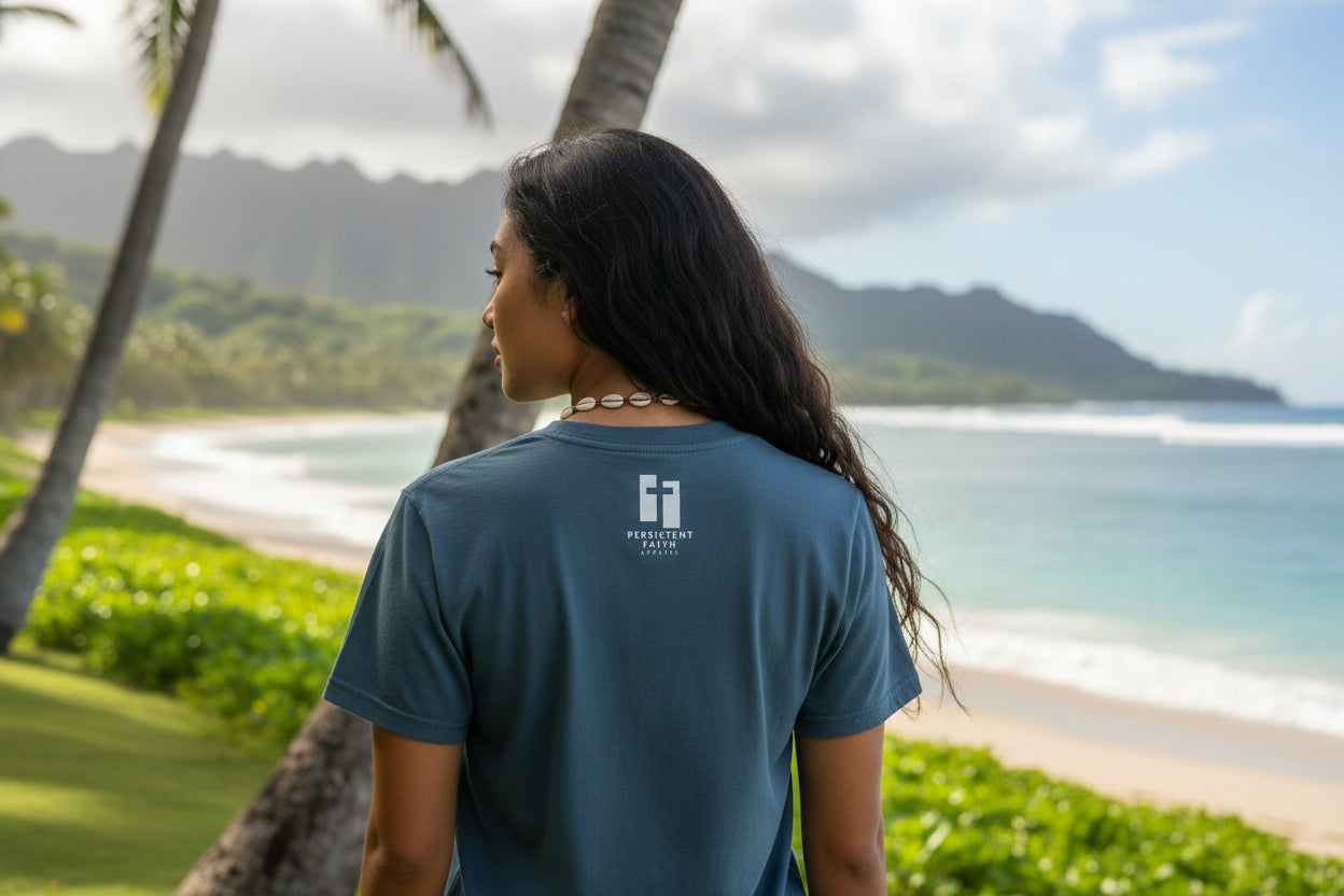 Deep Teal t-shirt with a black and white Persistent Faith Apparel logo on the back
