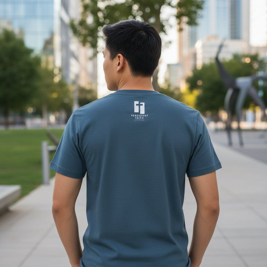 Gray t-shirt with a black and white Persistent Faith Apparel logo on the back against a white background