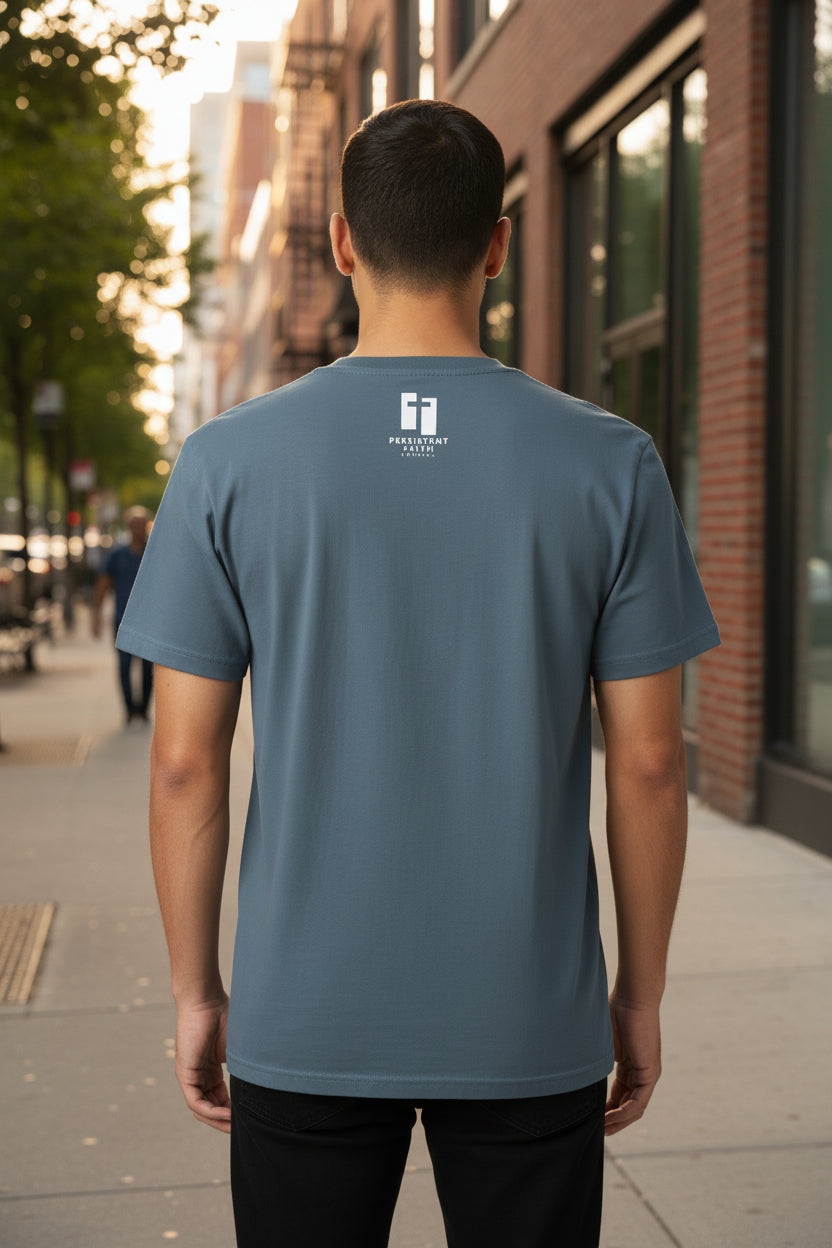 Gray t-shirt with a black and white Persistent Faith Apparel logo on the back against a white background