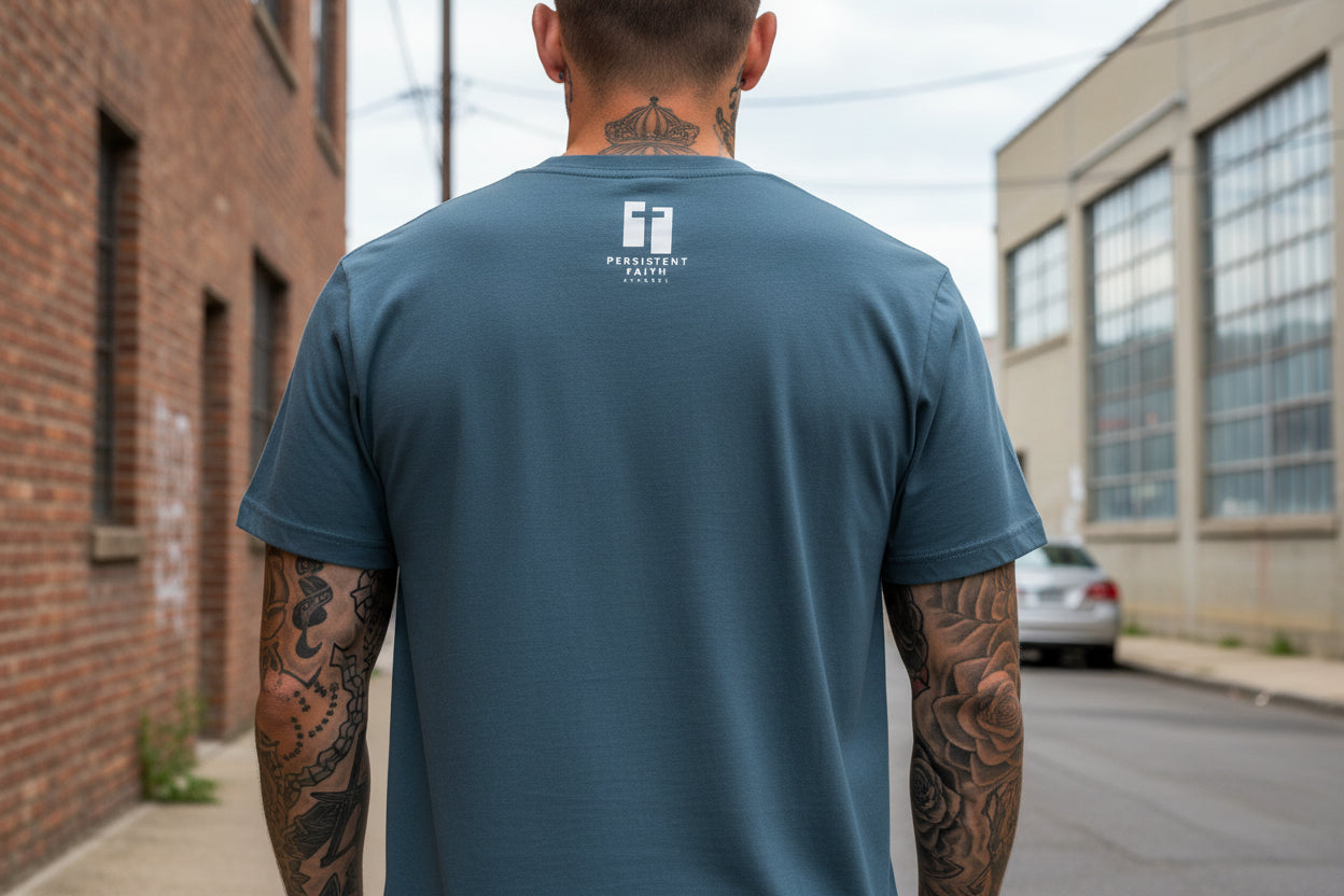 Gray t-shirt with a black and white Persistent Faith Apparel logo on the back against a white background