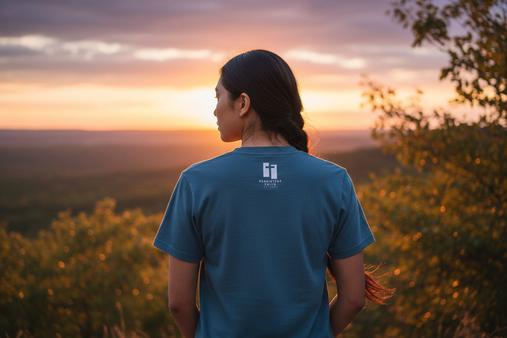 Gray t-shirt with a black and white PERSISTENT FAITH LOGO on the back against a white background