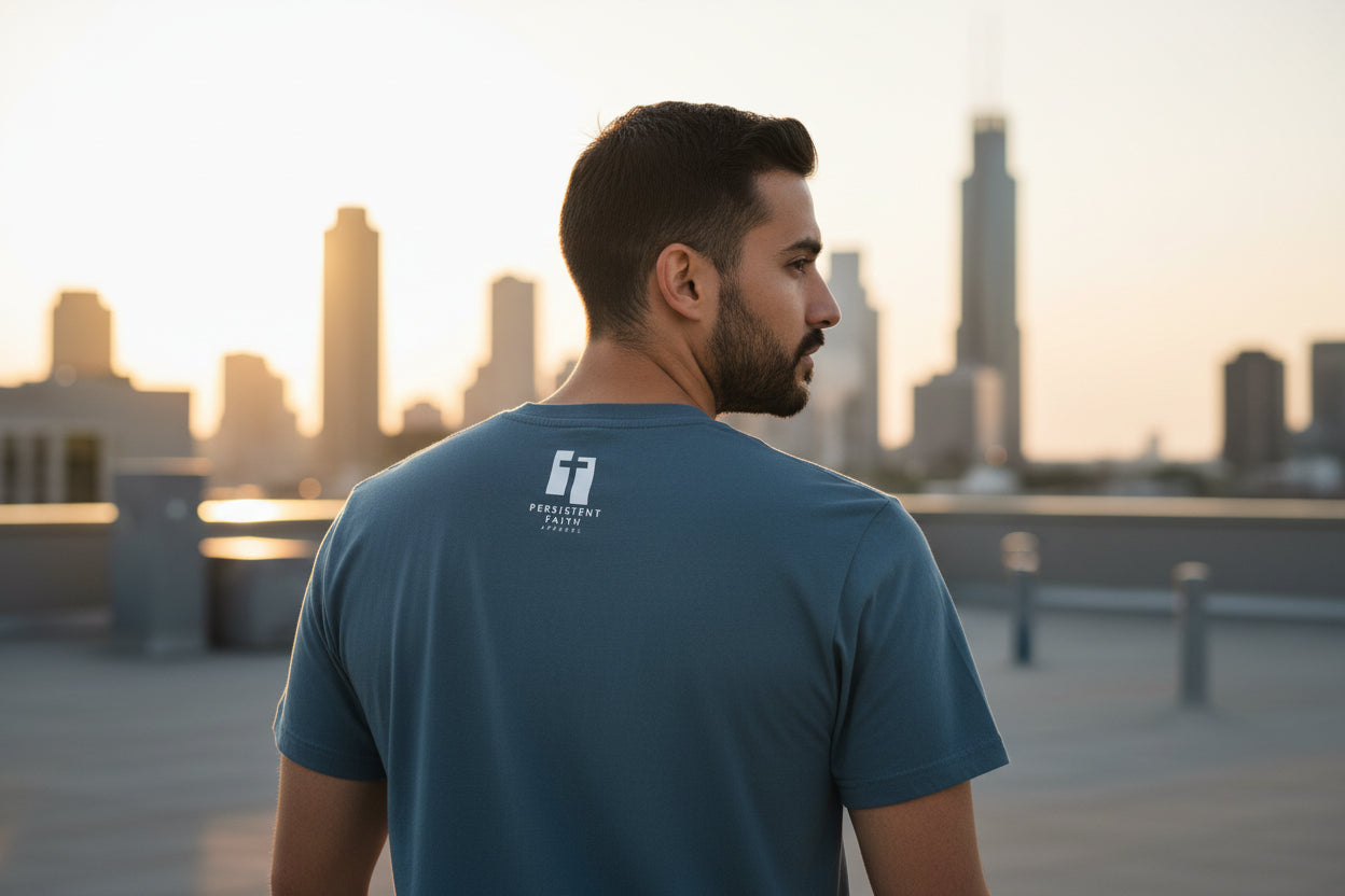 Gray t-shirt with a black and white PERSISTENT FAITH APPAREL LOGO on the back against a white background