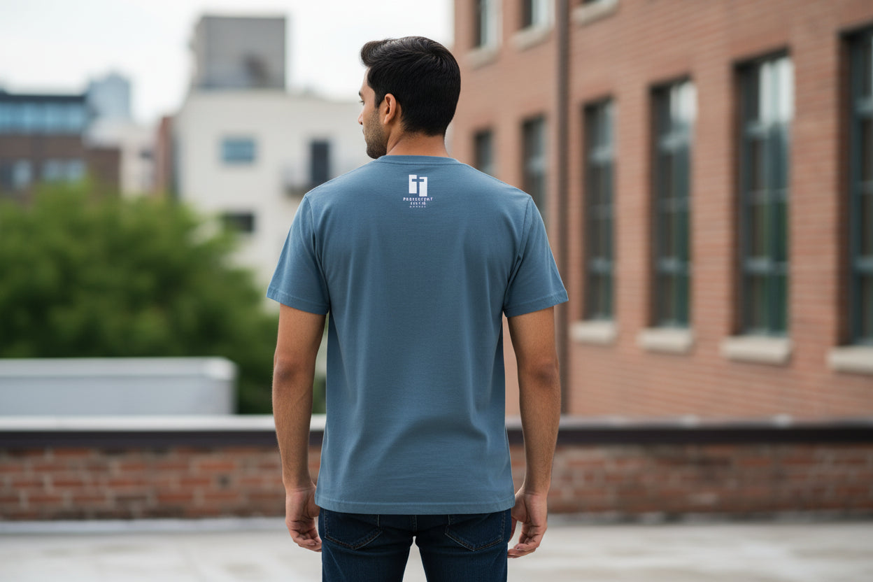 Gray t-shirt with a black and white PERSISTENT FAITH APPAREL LOGO on the back against a white background
