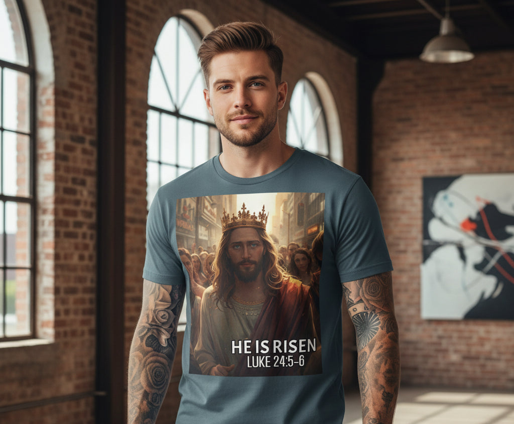 T-shirt with a graphic of a White Jesus in a crown and text 'He is Risen Luke 24:5-6' on a white background