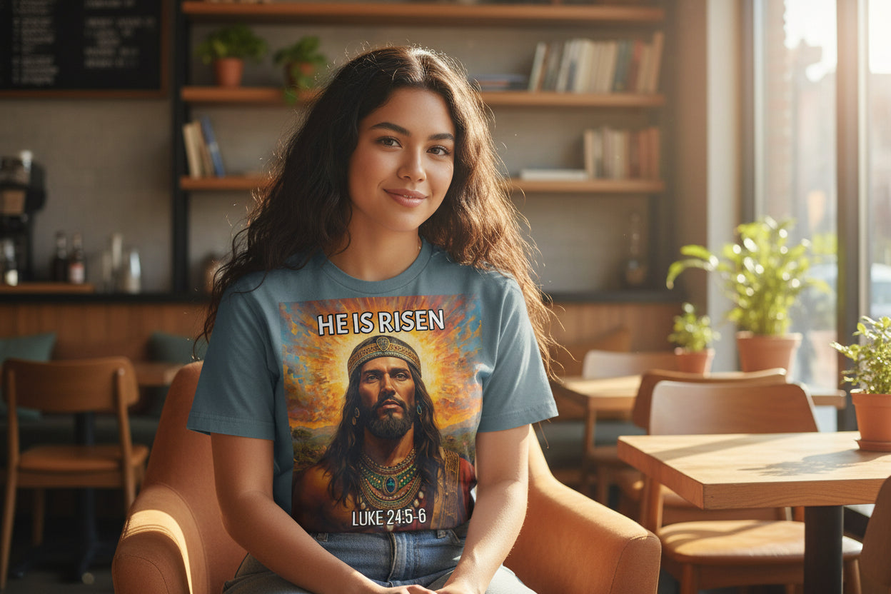 T-shirt with a graphic of a INDIGENOUS JESUS with long hair and a beard, wearing a crown and jewelry, with 'He is Risen' and 'Luke 24:5-6' text on a blue background.