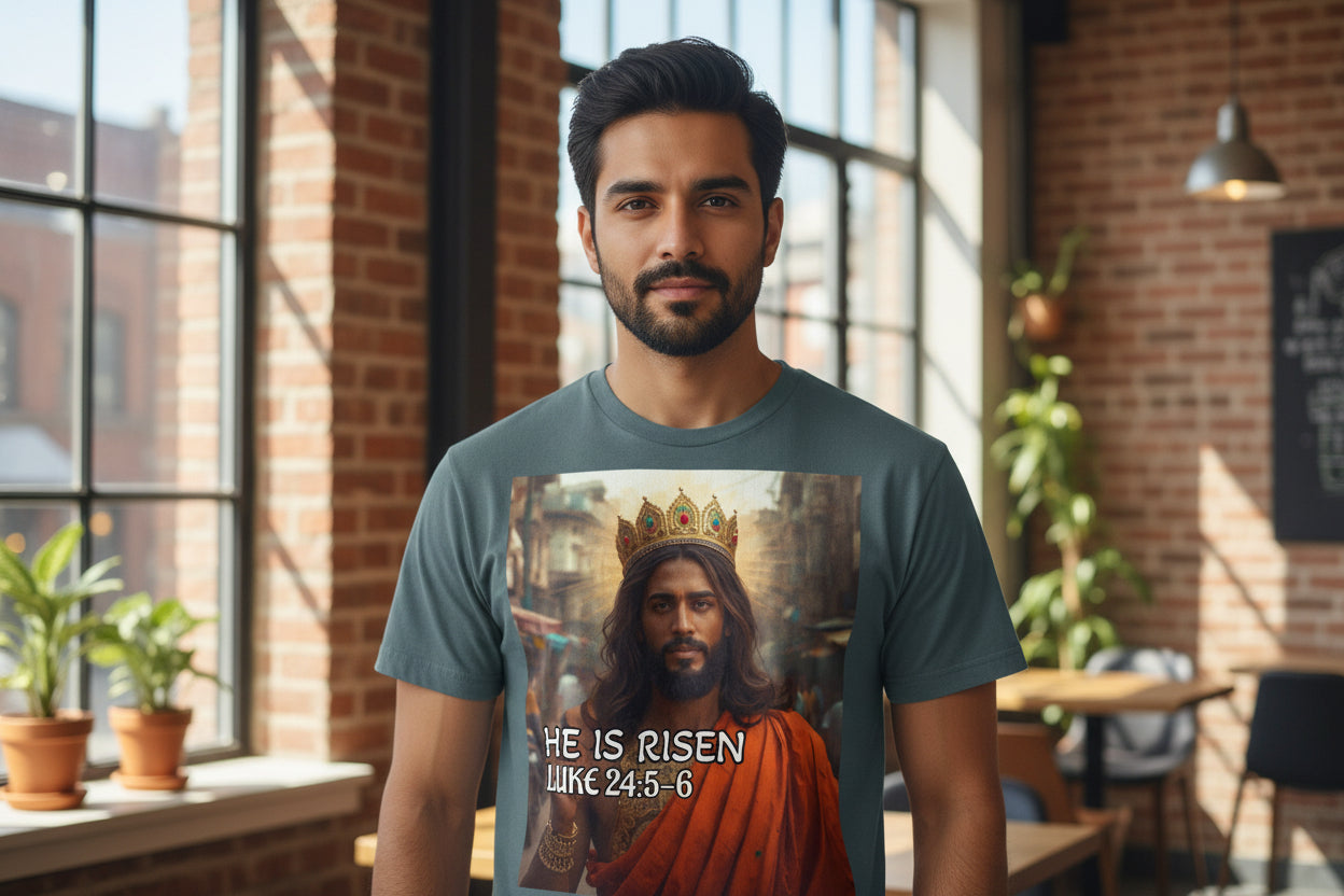 T-shirt with a graphic of an Indian Jesus in a crown and robe, with 'He is Risen' text on a blue background.
