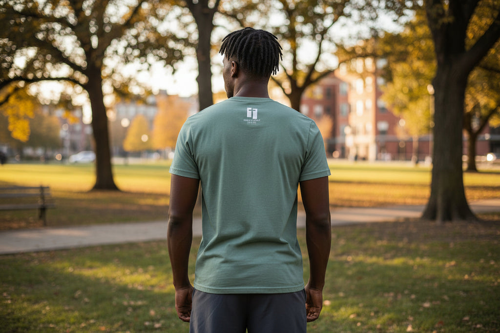 Person wearing a green t-shirt with the Persistent Faith Apparel logo in a park setting