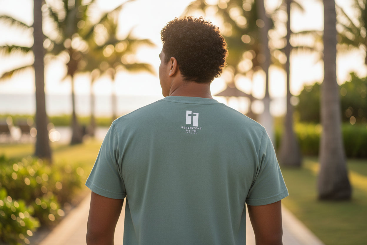  green t-shirt with Persistent Faith Apparel logo