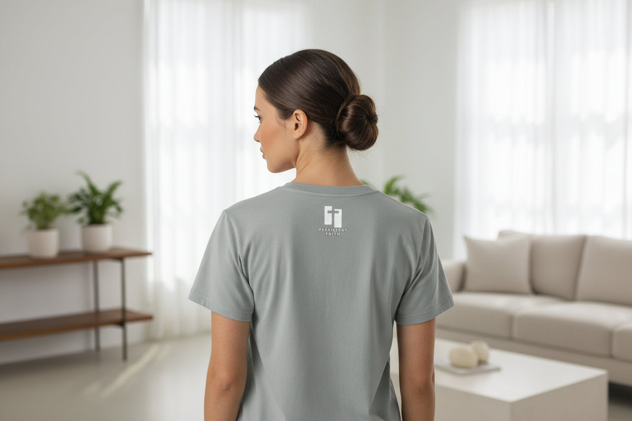 Gray t-shirt with Persistent Faith Apparel Logo