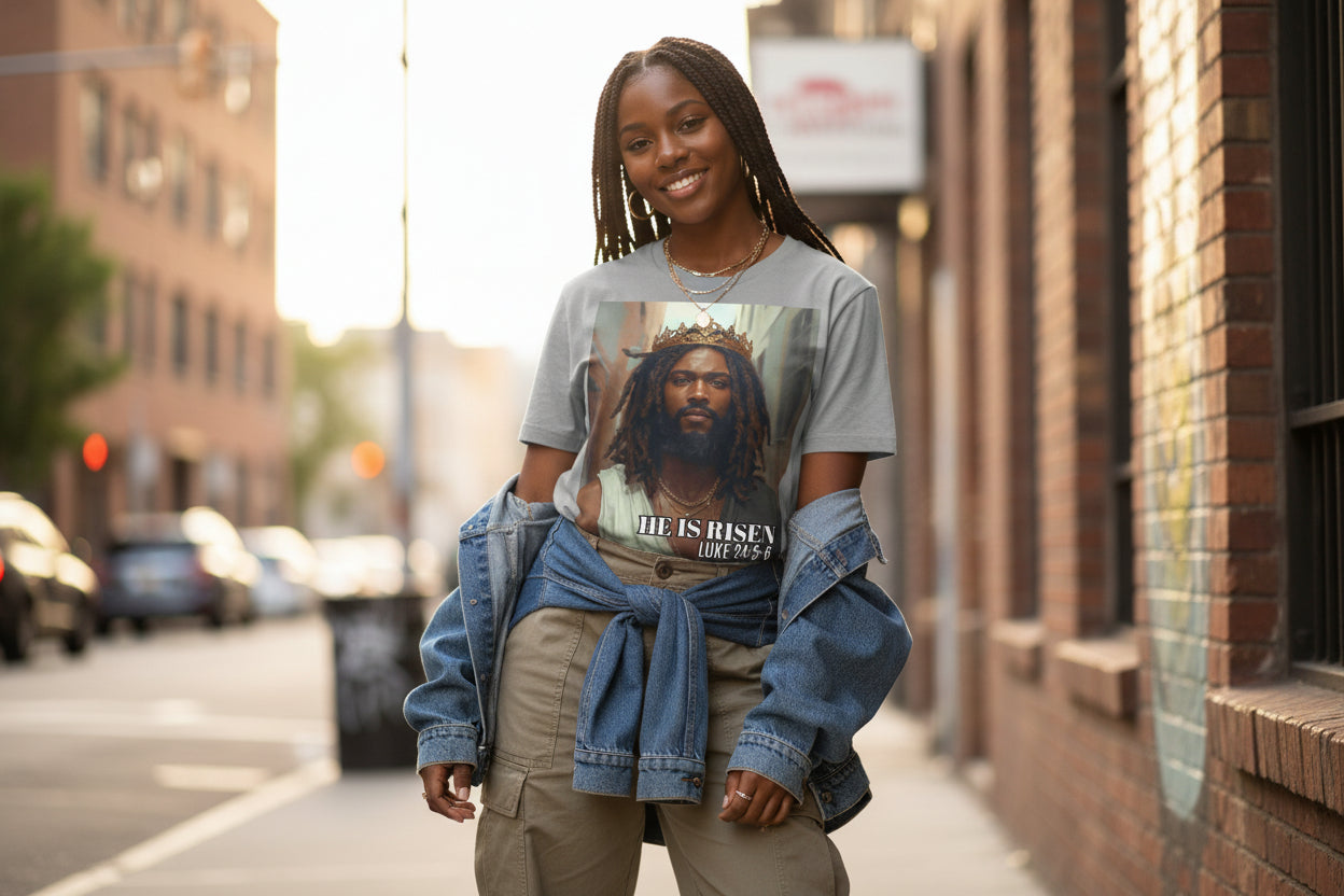 Gray t-shirt with a graphic of a Black Jesus with a crown and 'He is Risen' text on a white background