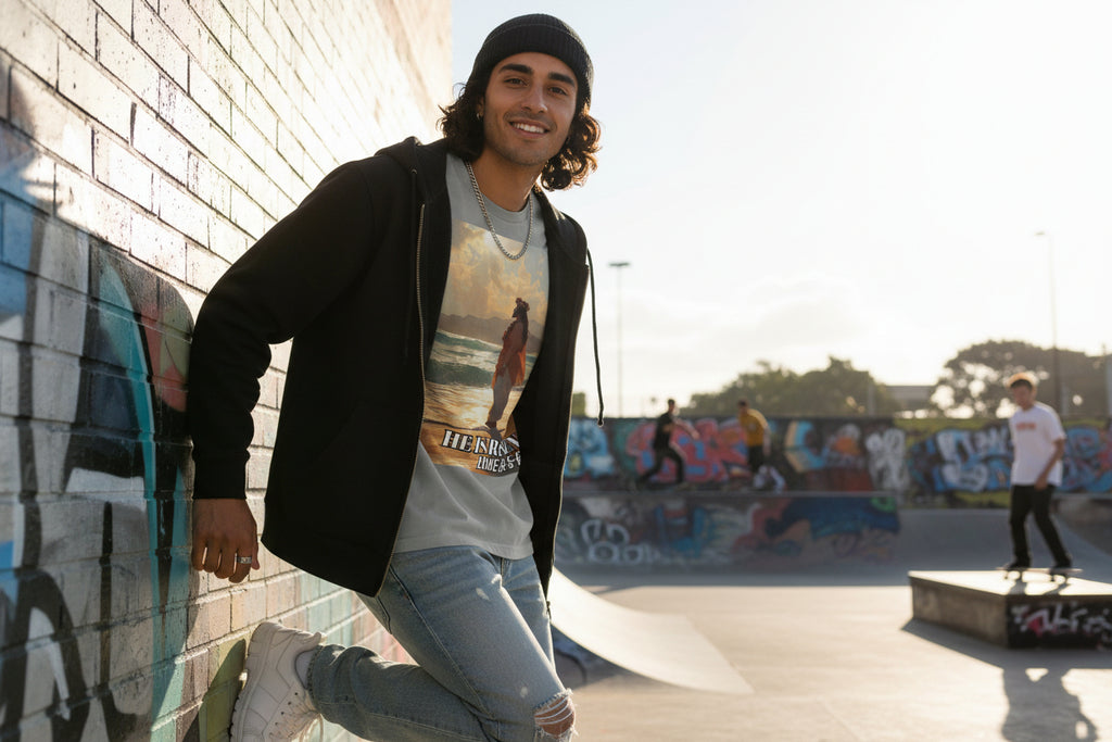 Gray t-shirt with a religious design of a Pacific Islander Jesus on a beach and 'He is Risen' text.