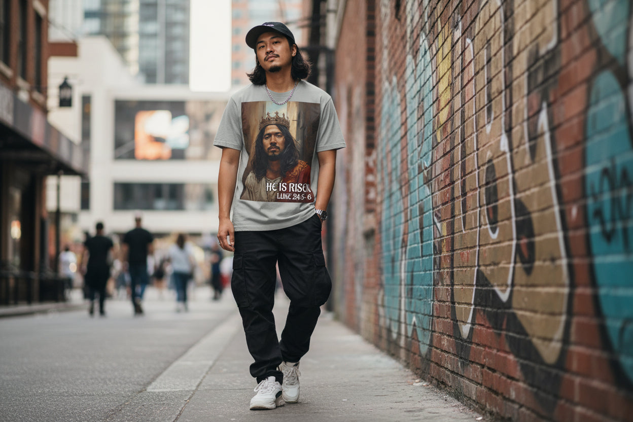 Person wearing a t-shirt with a graphic design of a crowned Asian Jesus walking down a street next to a graffiti-covered wall. 