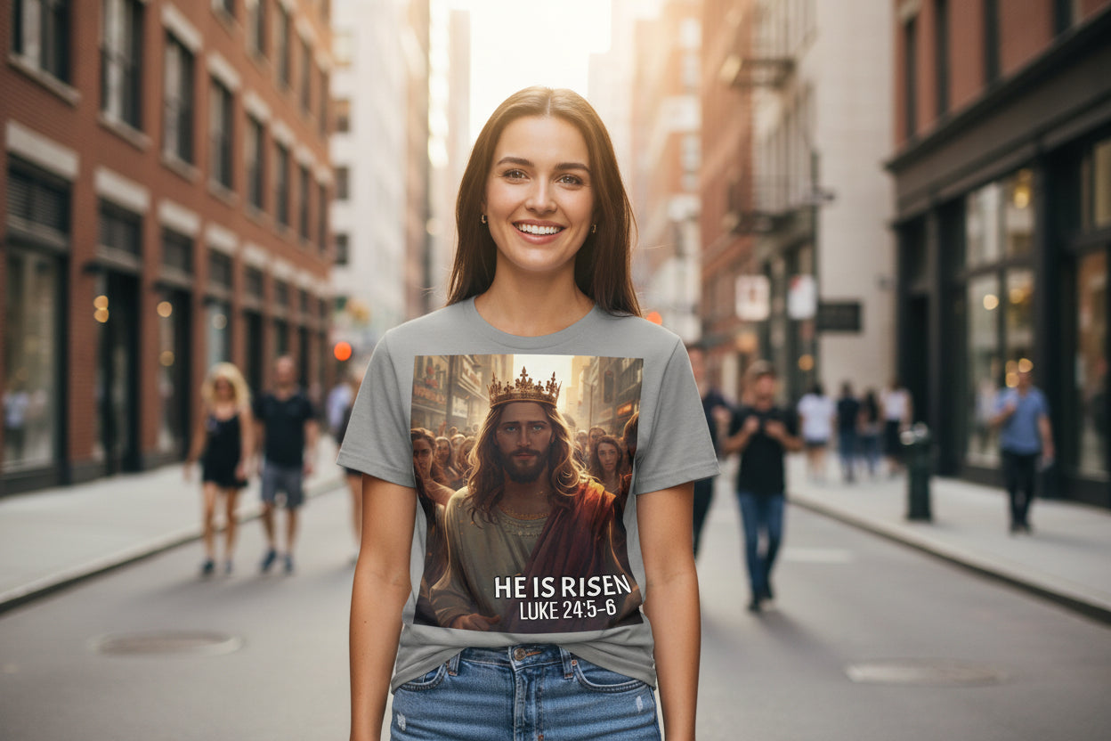 Gray t-shirt with a graphic of a White Jesus in a crown and 'He is Risen' text on a white background
